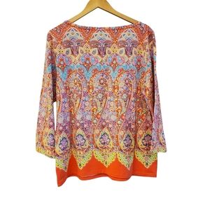 Talbots Graphic Boxy 3/4 Sleeve Blouse in Orange and Blue Size XL Whimsical